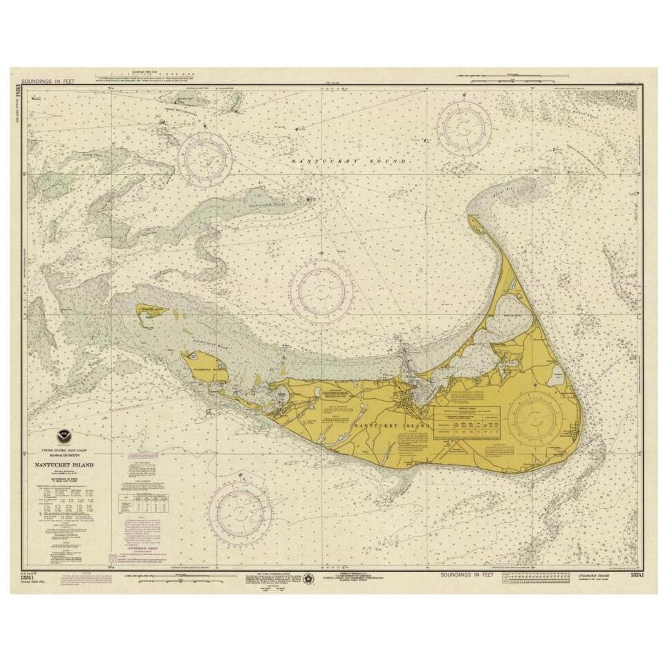 Nautical Chart - Nantucket Island ca. 1975 - Sepia Tinted-Paper Art-32&quotx26"