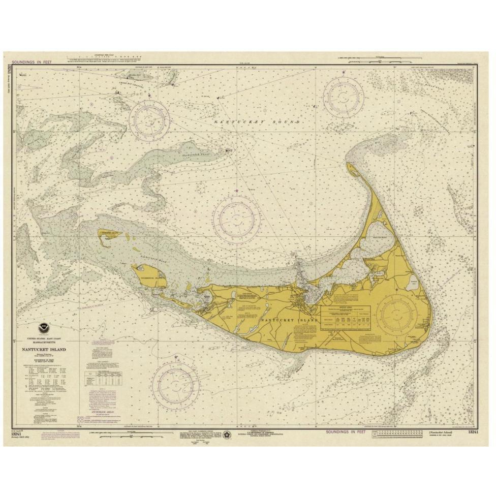 Nautical Chart - Nantucket Island ca. 1975 - Sepia Tinted-Paper Art-46&quotx38"