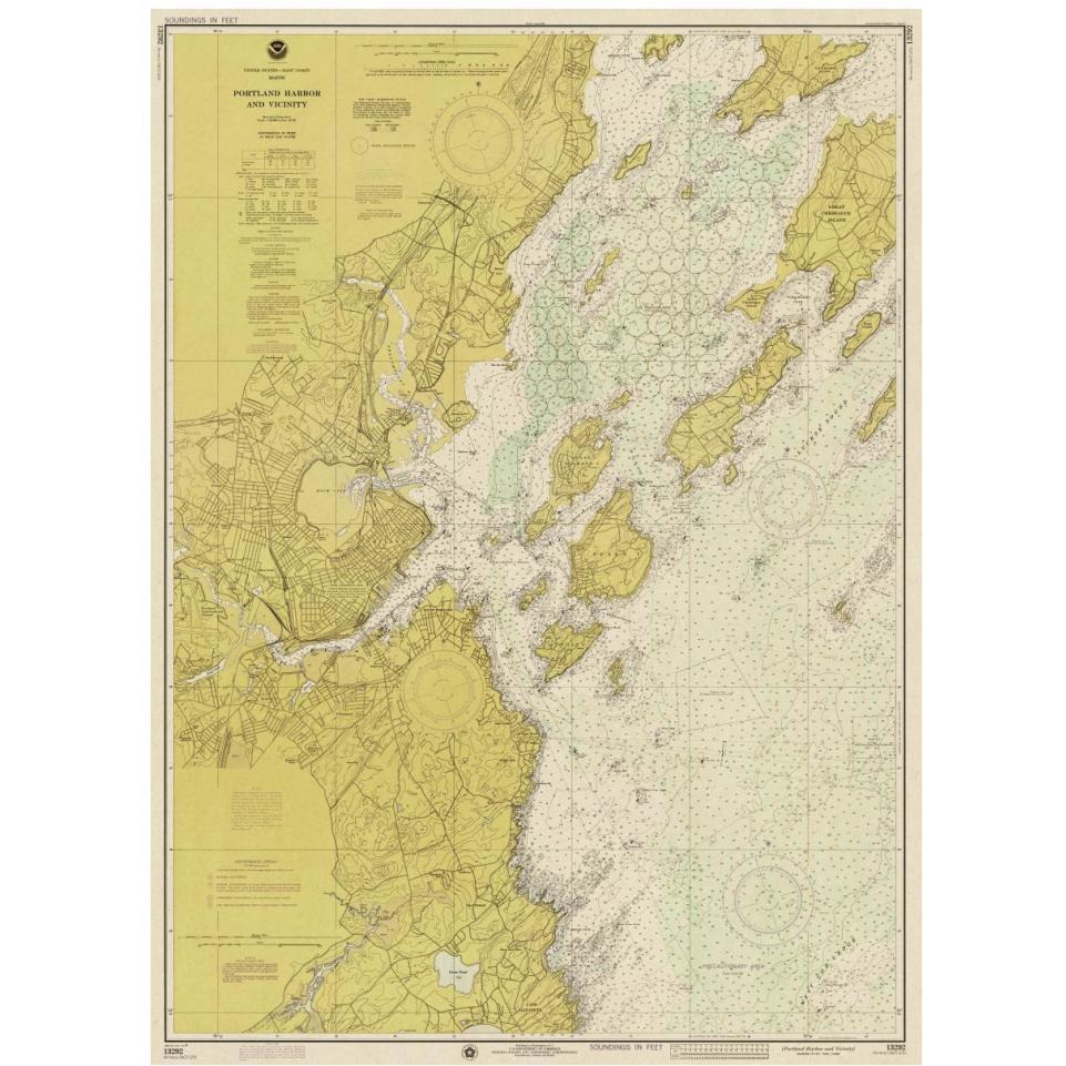 Nautical Chart - Portland Harbor and Vicinity ca. 1974 - Sepia Tinted-Paper Art-31&quotx42"
