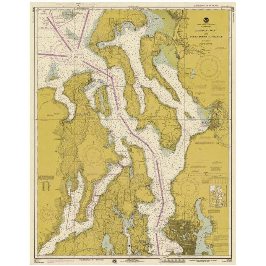 Nautical Chart - Admiralty Inlet and Puget Sound to Seattle ca. 1975 - Sepia Tinted-Paper Art-15&quotx18"