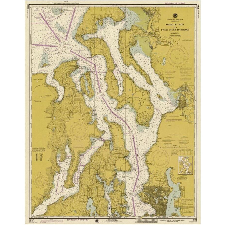 Nautical Chart - Admiralty Inlet and Puget Sound to Seattle ca. 1975 - Sepia Tinted-Paper Art-19&quotx24"