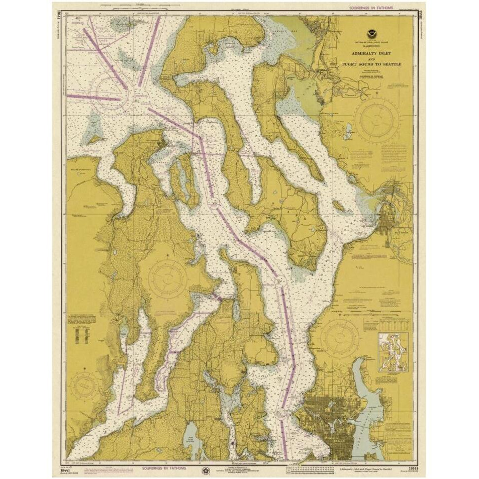 Nautical Chart - Admiralty Inlet and Puget Sound to Seattle ca. 1975 - Sepia Tinted-Paper Art-30&quotx38"