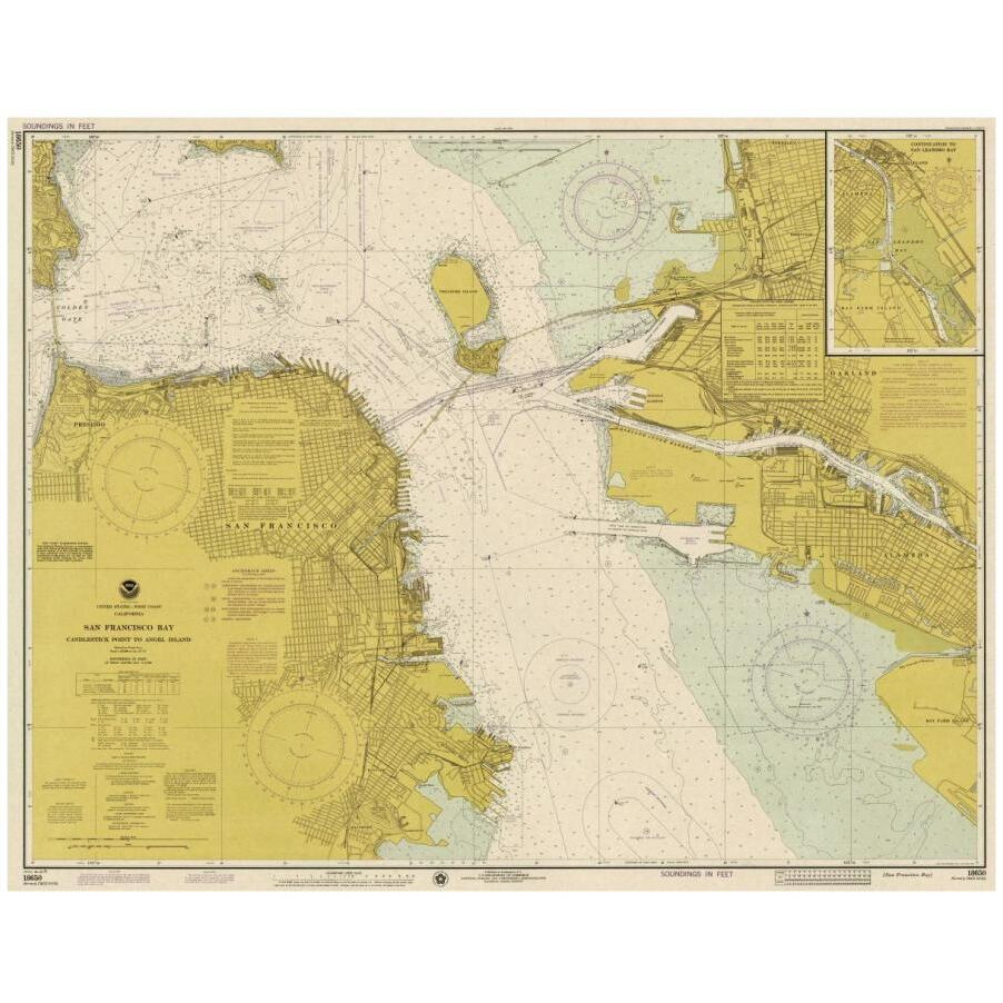 Nautical Chart - San Francisco Bay ca. 1975 - Sepia Tinted-Paper Art-18&quotx14"