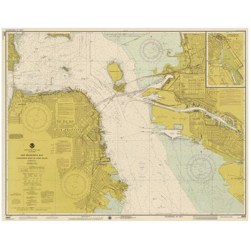 Nautical Chart - San Francisco Bay ca. 1975 - Sepia Tinted-Paper Art-46&quotx36"