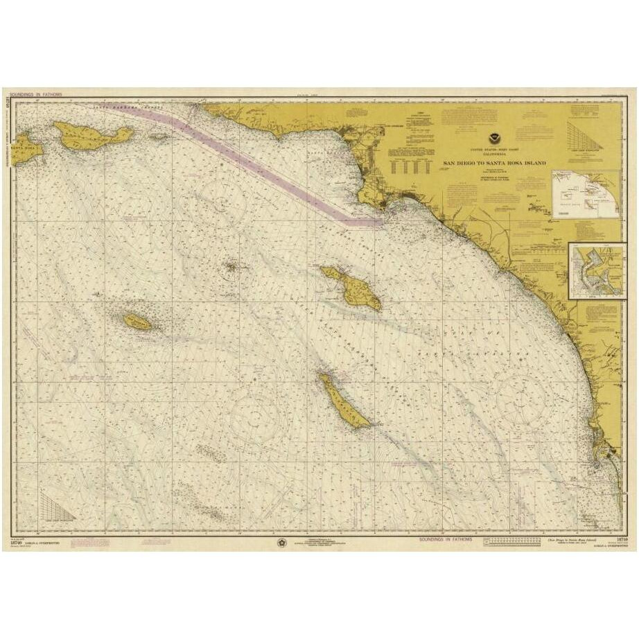 Nautical Chart - San Diego to Santa Rosa Island ca. 1975 - Sepia Tinted-Paper Art-24&quotx18"