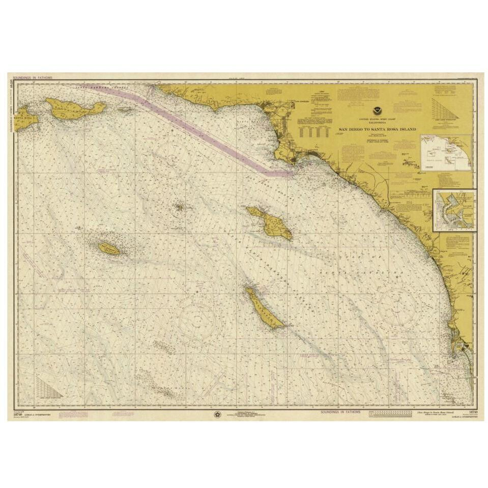 Nautical Chart - San Diego to Santa Rosa Island ca. 1975 - Sepia Tinted-Paper Art-32&quotx24"