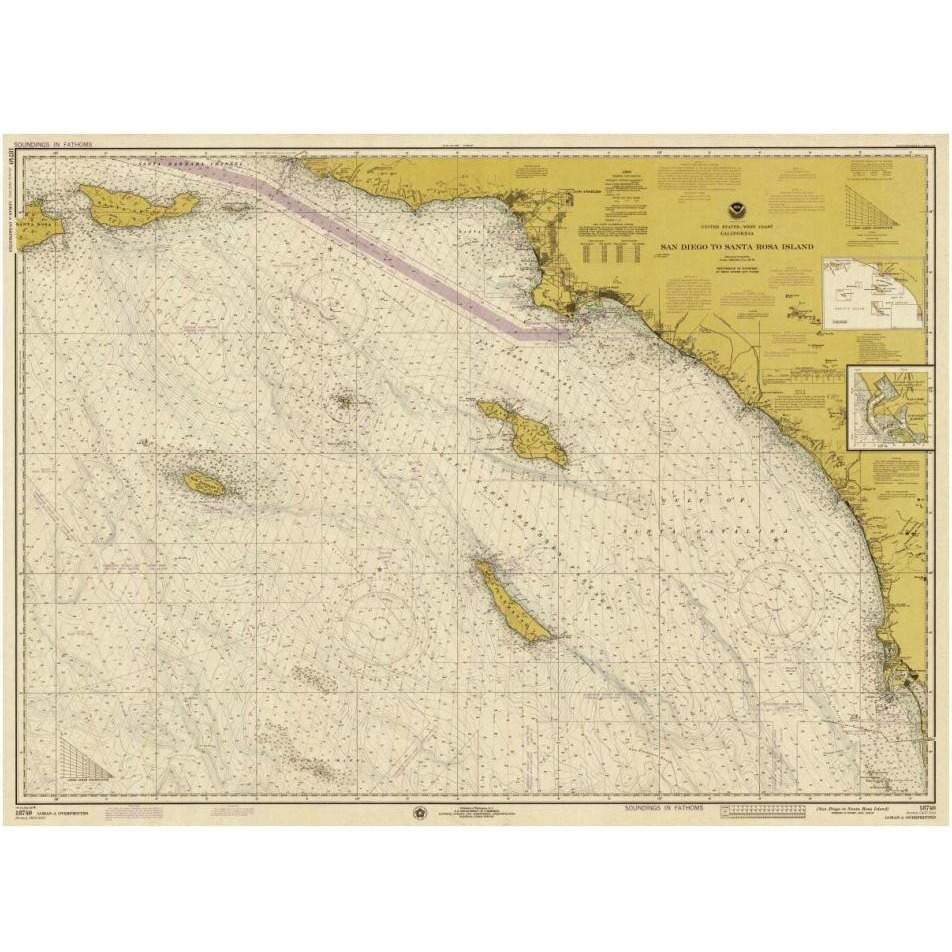 Nautical Chart - San Diego to Santa Rosa Island ca. 1975 - Sepia Tinted-Paper Art-38&quotx28"