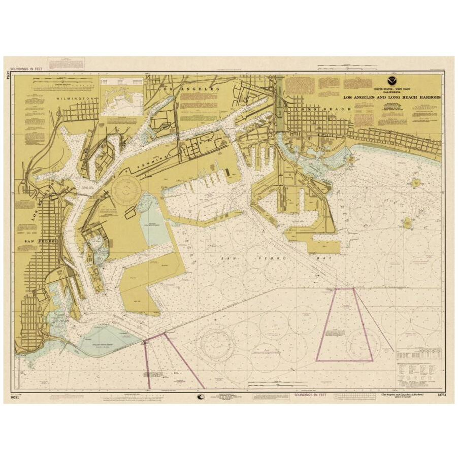 Nautical Chart - Los Angeles and Long Beach Harbors ca. 1998 - Sepia Tinted-Paper Art-18&quotx14"