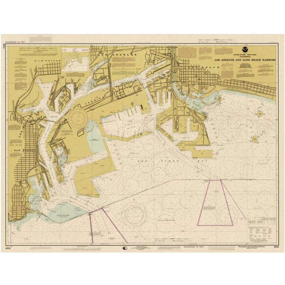 Nautical Chart - Los Angeles and Long Beach Harbors ca. 1998 - Sepia Tinted-Paper Art-24&quotx19"