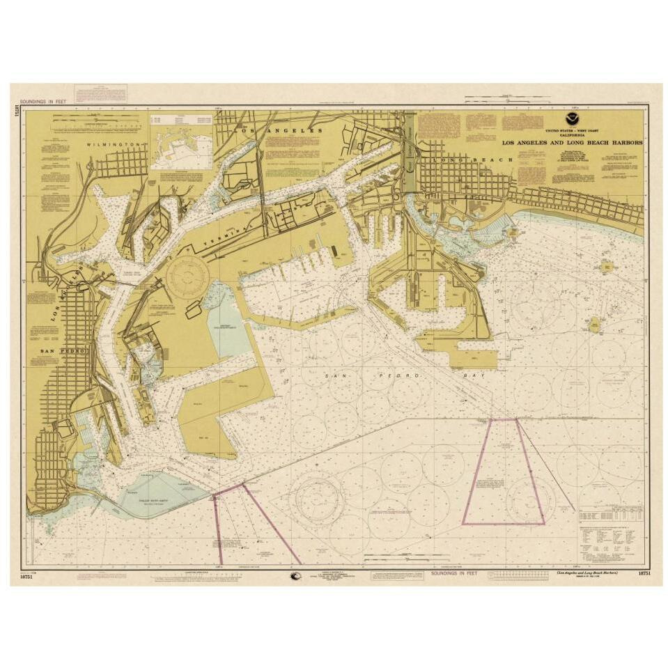 Nautical Chart - Los Angeles and Long Beach Harbors ca. 1998 - Sepia Tinted-Paper Art-32&quotx25"