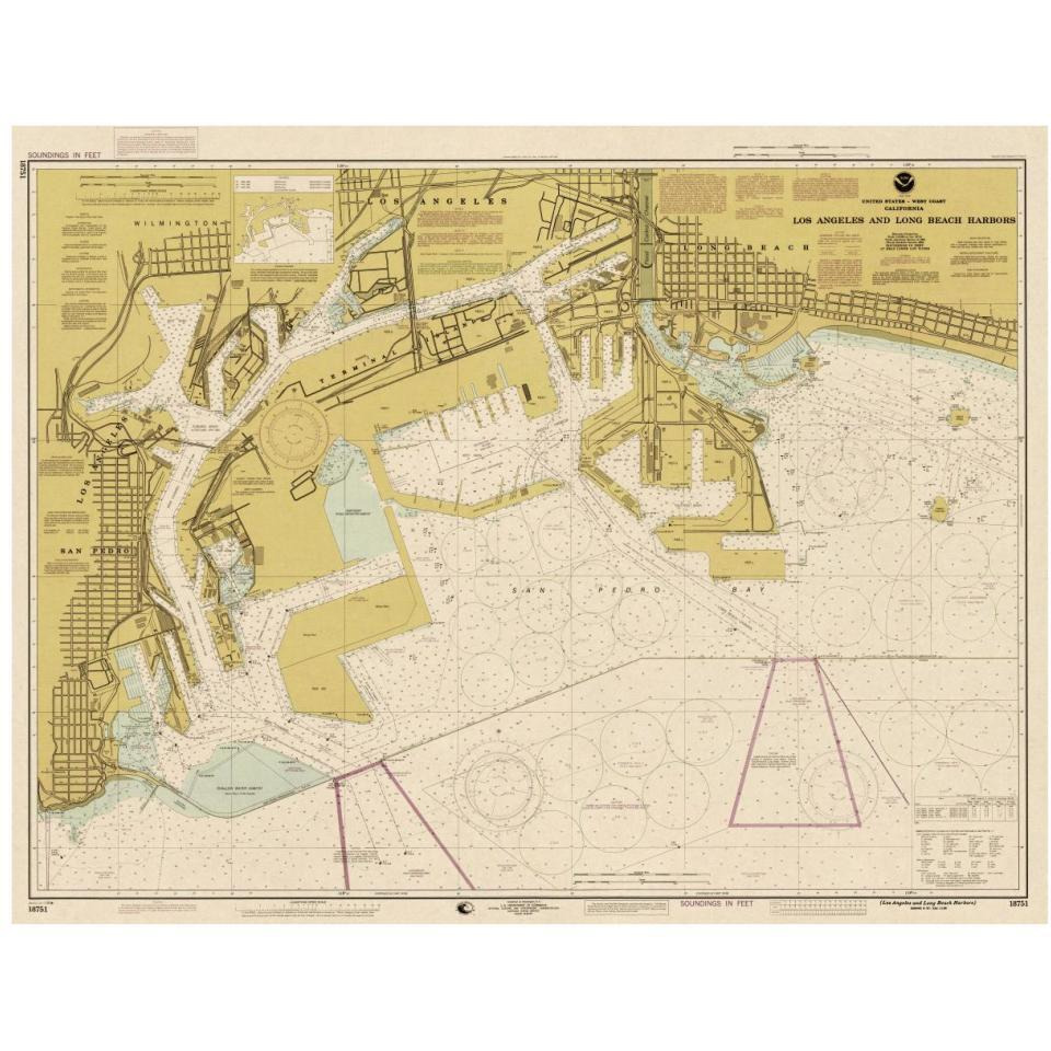 Nautical Chart - Los Angeles and Long Beach Harbors ca. 1998 - Sepia Tinted-Paper Art-38&quotx30"