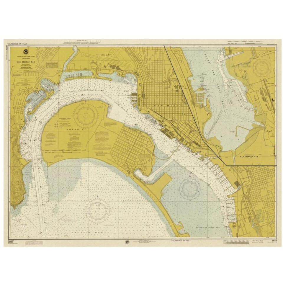 Nautical Chart - San Diego Bay ca. 1974 - Sepia Tinted-Paper Art-18&quotx14"