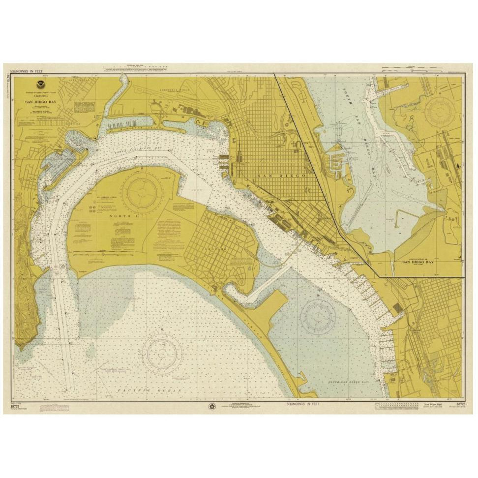 Nautical Chart - San Diego Bay ca. 1974 - Sepia Tinted-Paper Art-46&quotx35"