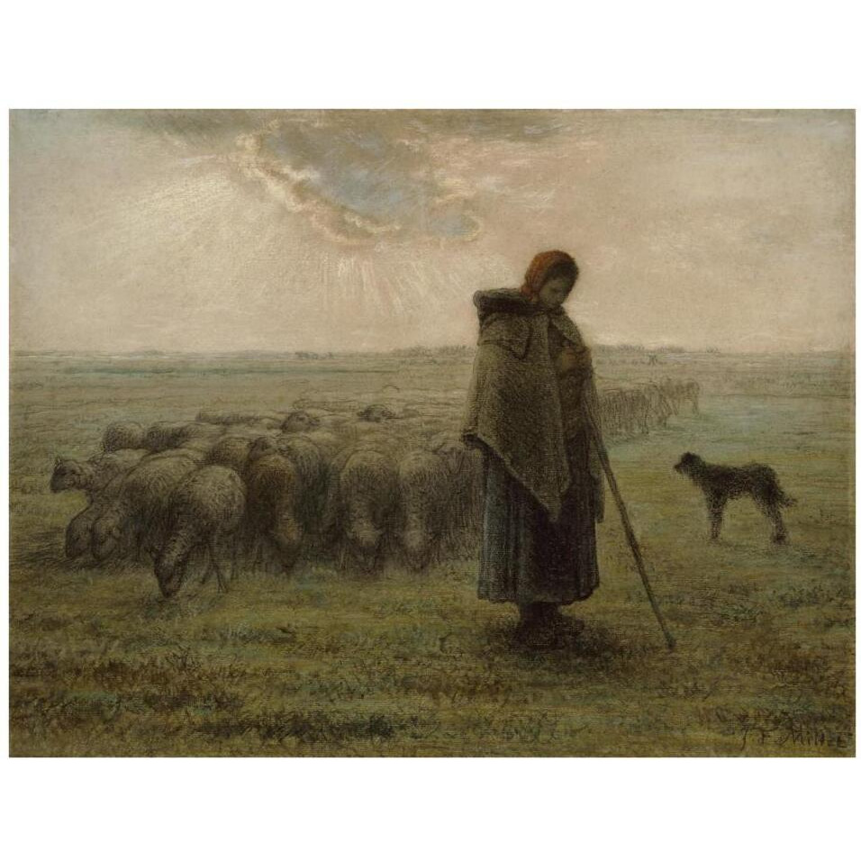 Shepherdess and Her Flock-Paper Art-34&quotx26"