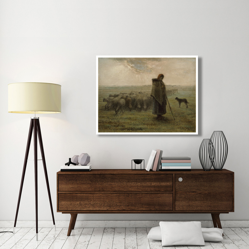 Shepherdess and Her Flock-Paper Art-50&quotx38"