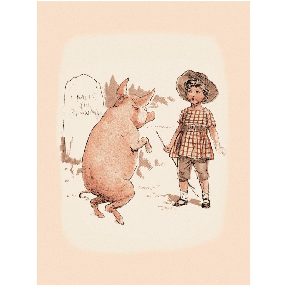 Pigs and Pork Pig on Hind Legs and Little Girl-Paper Art-38&quotx50"