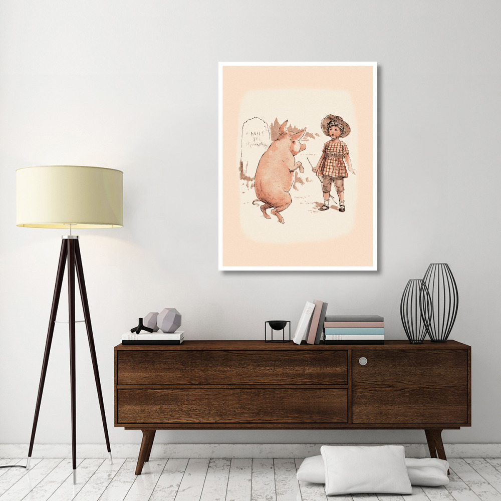 Pigs and Pork Pig on Hind Legs and Little Girl-Paper Art-38&quotx50"