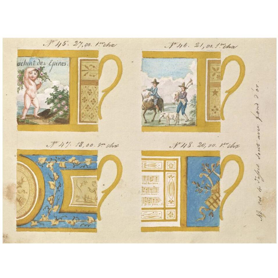 Quatre tasses avec fond d'or, ca. 1800-1820-Paper Art-18&quotx14"