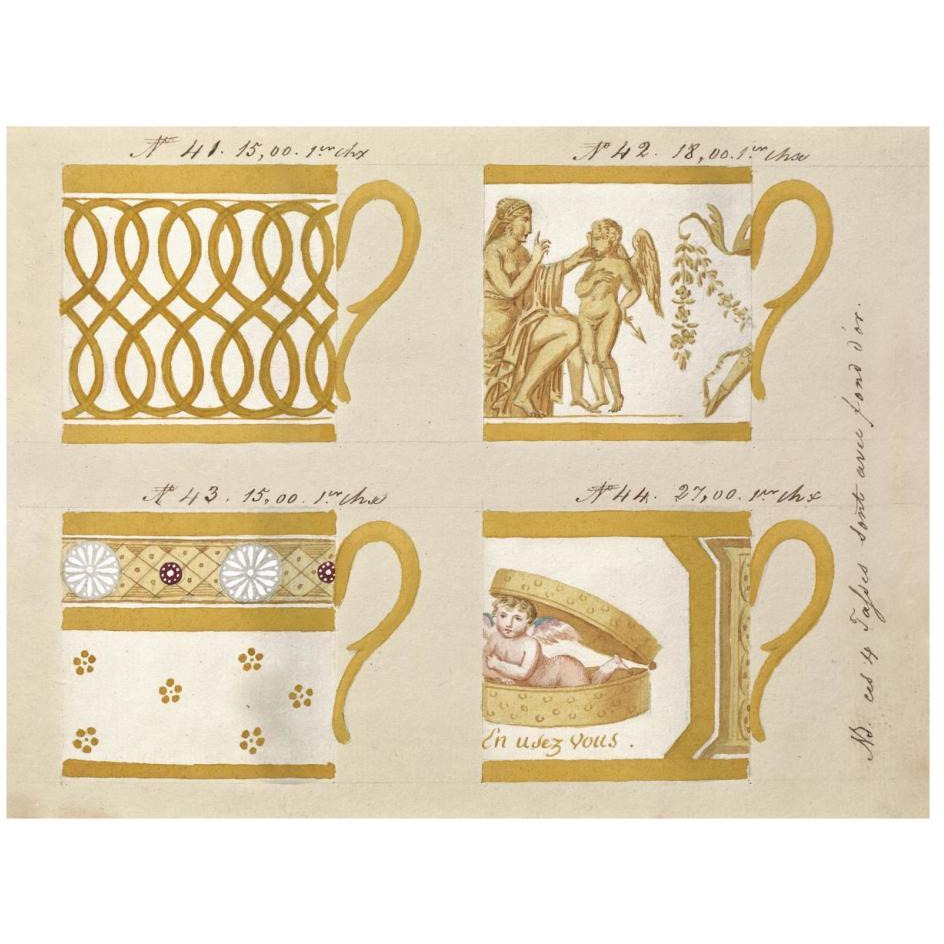 Quatre tasses avec fond d'or, ca. 1800-1820-Paper Art-26&quotx20"