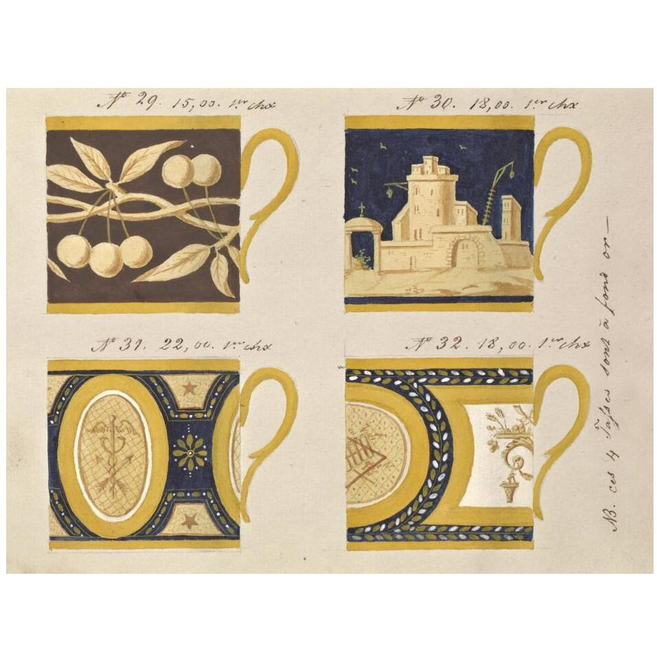 Quatre tasses  fond or, ca. 1800-1820-Paper Art-18&quotx14"