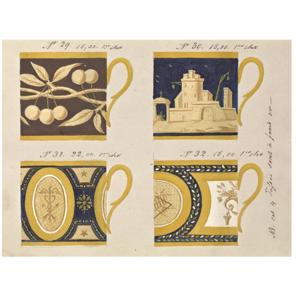 Quatre tasses  fond or, ca. 1800-1820-Paper Art-26&quotx20"