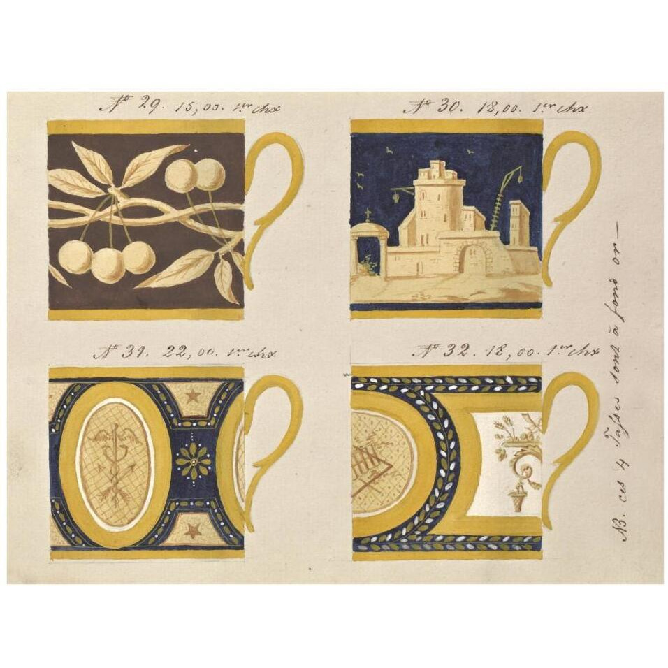 Quatre tasses  fond or, ca. 1800-1820-Paper Art-34&quotx26"