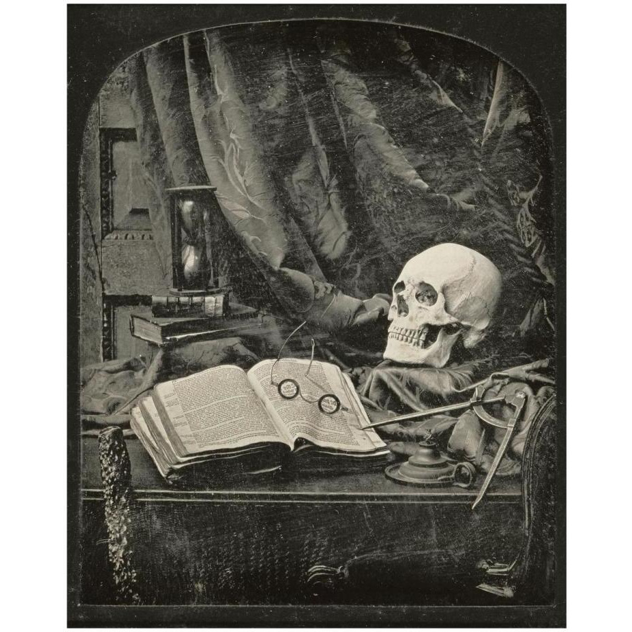 Still Life with Skull, Open Book with Glasses, and Hourglass-Paper Art-18&quotx22"