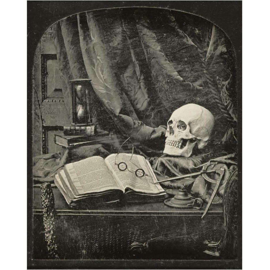 Still Life with Skull, Open Book with Glasses, and Hourglass-Paper Art-24&quotx30"