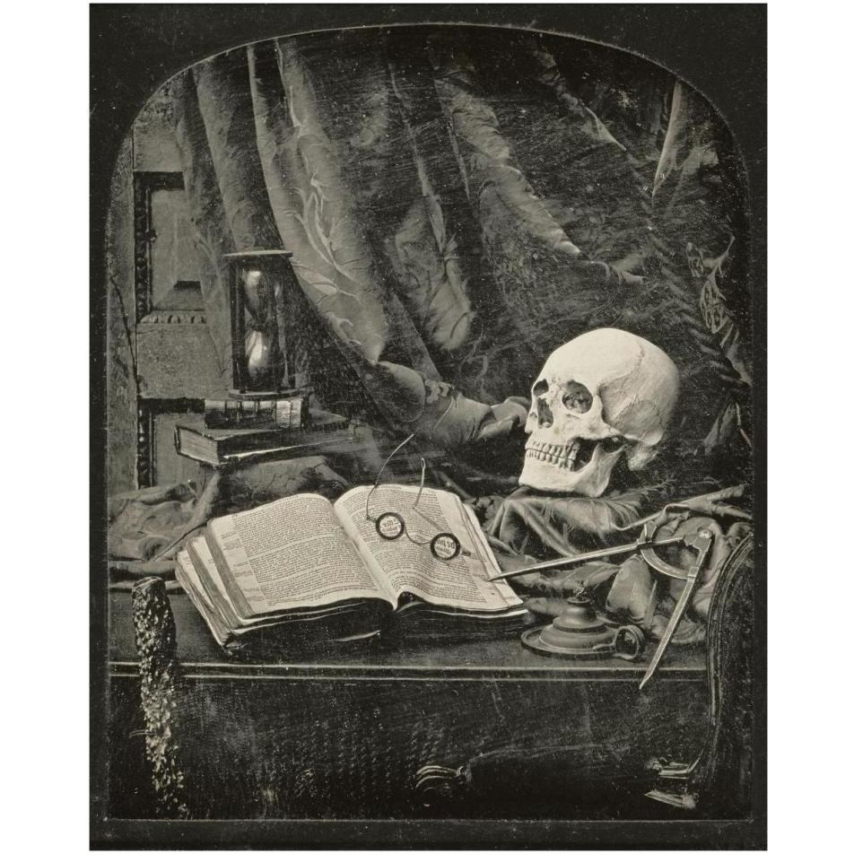 Still Life with Skull, Open Book with Glasses, and Hourglass-Paper Art-30&quotx37"