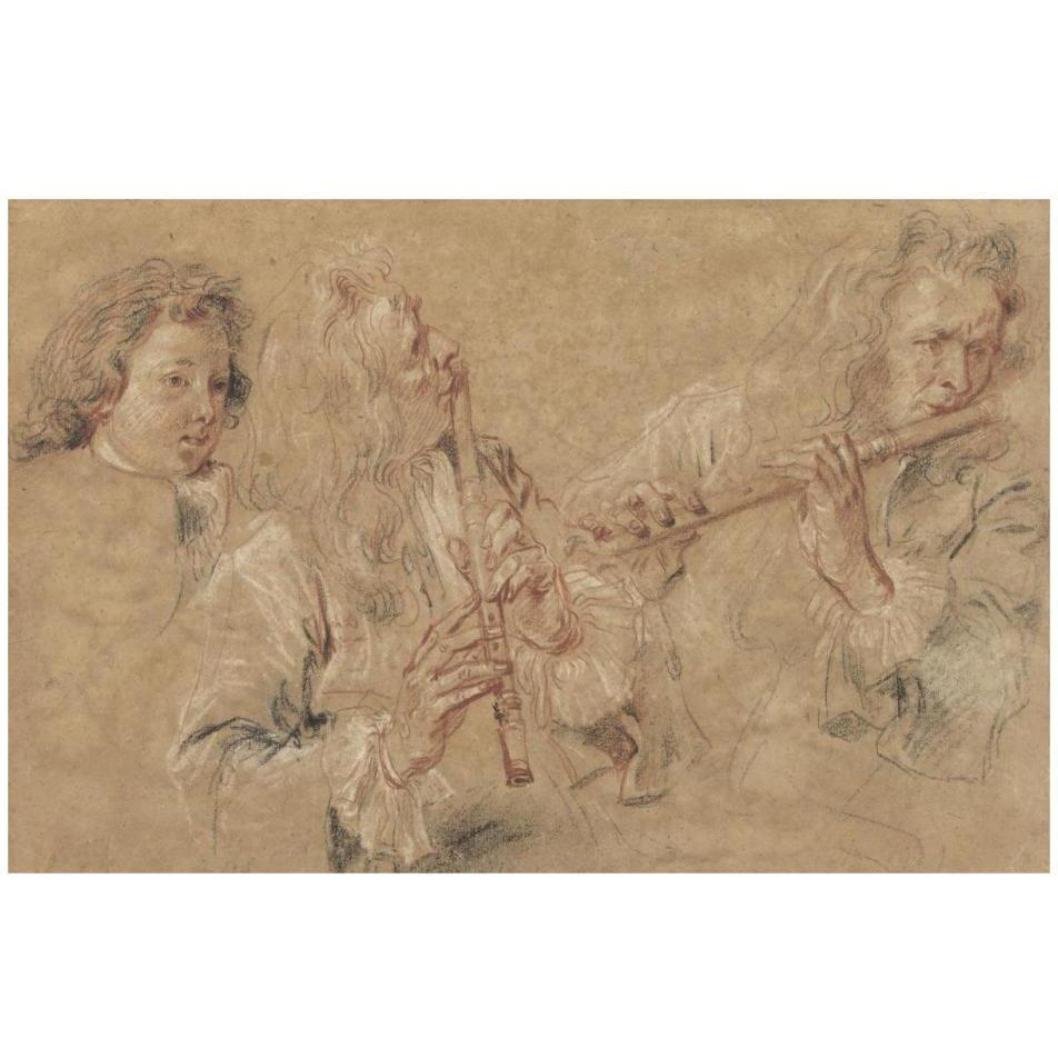 Two Studies of a Flutist and a Study of the Head of a Boy-Paper Art-32&quotx22"