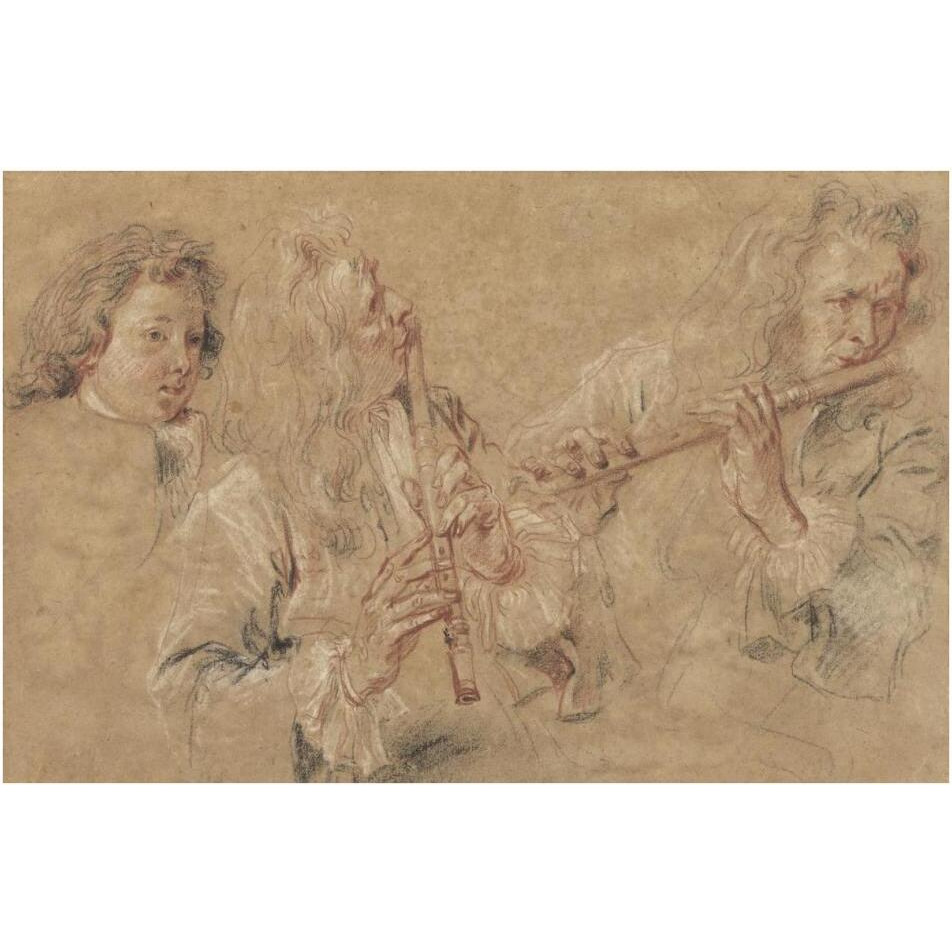 Two Studies of a Flutist and a Study of the Head of a Boy-Paper Art-38&quotx26"