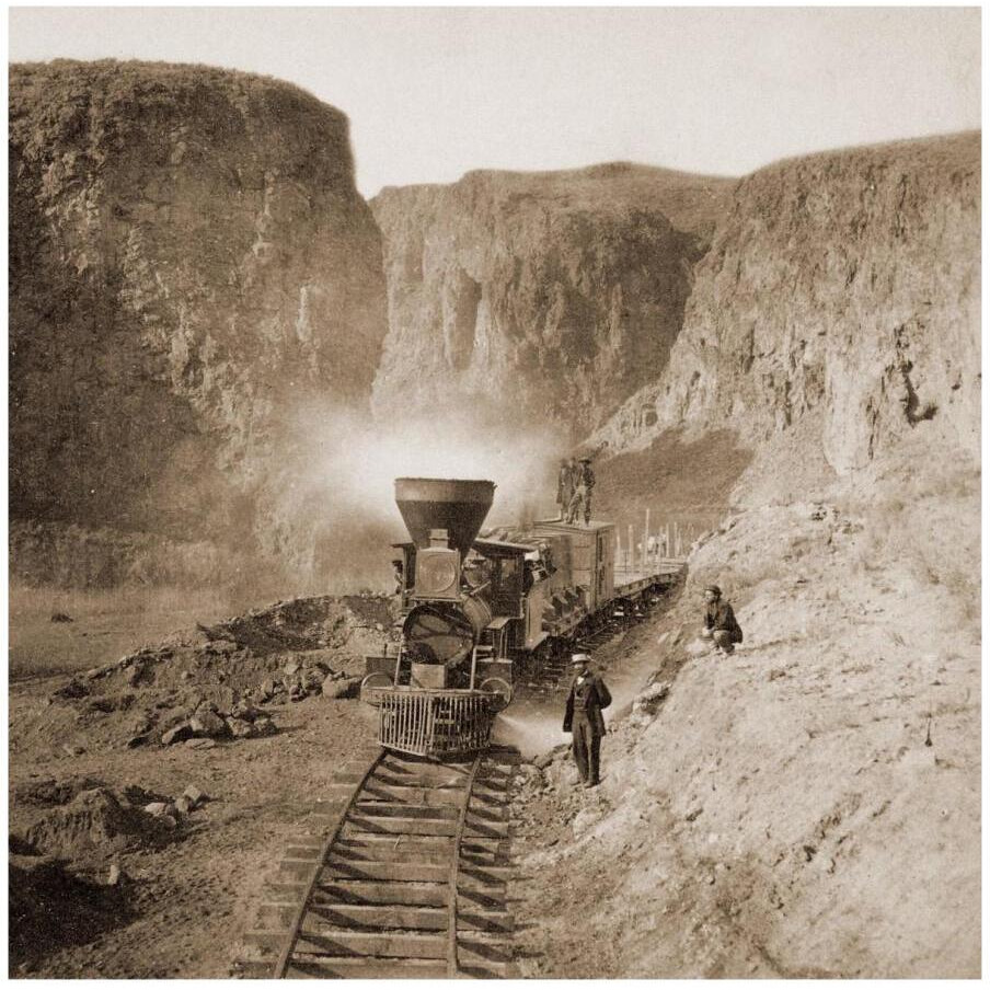 First Construction Train passing the Palisades, Ten Mile Caon, Nevada, 1866-1869-Paper Art-18&quotx18"