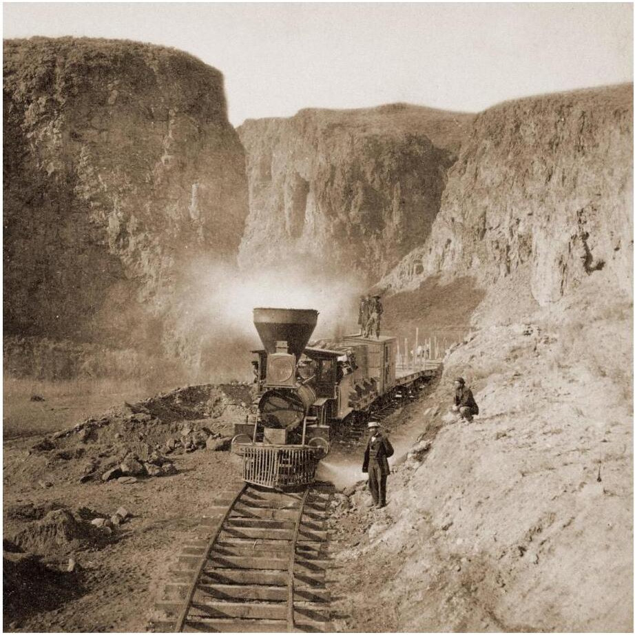 First Construction Train passing the Palisades, Ten Mile Caon, Nevada, 1866-1869-Paper Art-24&quotx24"