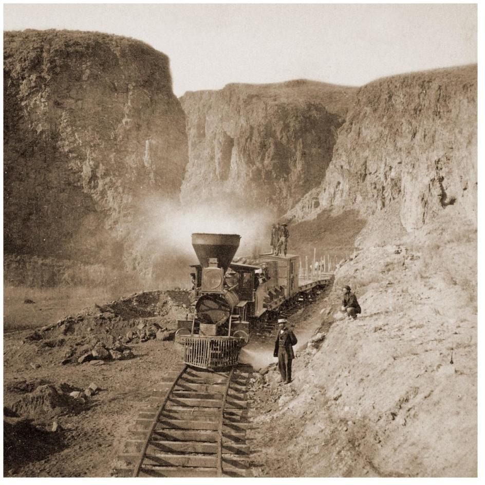 First Construction Train passing the Palisades, Ten Mile Caon, Nevada, 1866-1869-Paper Art-26&quotx26"