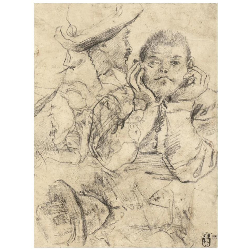Four Studies of Heads Drawn over a Copy of Saint John the Evangelist by Correggio (recto) Three Studies of Men (verso)-Paper Art-14&quotx18"