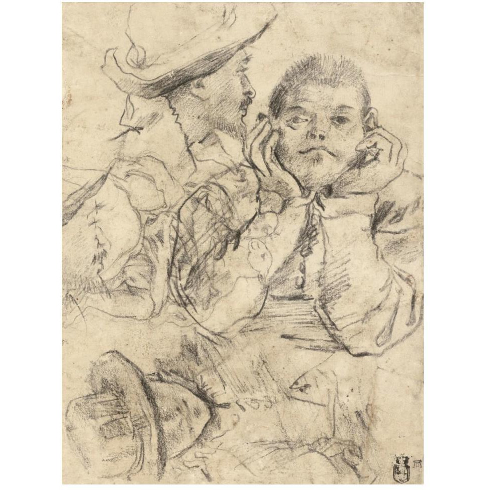 Four Studies of Heads Drawn over a Copy of Saint John the Evangelist by Correggio (recto) Three Studies of Men (verso)-Paper Art-38&quotx50"