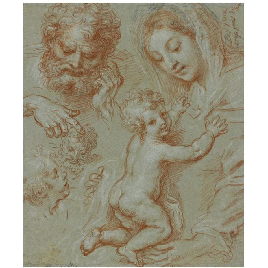 Studies of the Madonna and Child and of Heads (recto) Madonna and Child with Saint John Seated in a Landscape (verso)-Paper Art-20&quotx24"