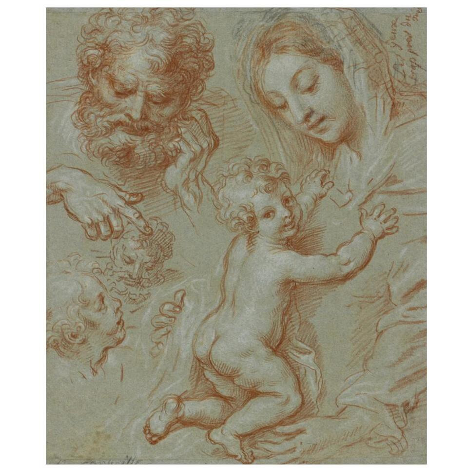 Studies of the Madonna and Child and of Heads (recto) Madonna and Child with Saint John Seated in a Landscape (verso)-Paper Art-27&quotx32"