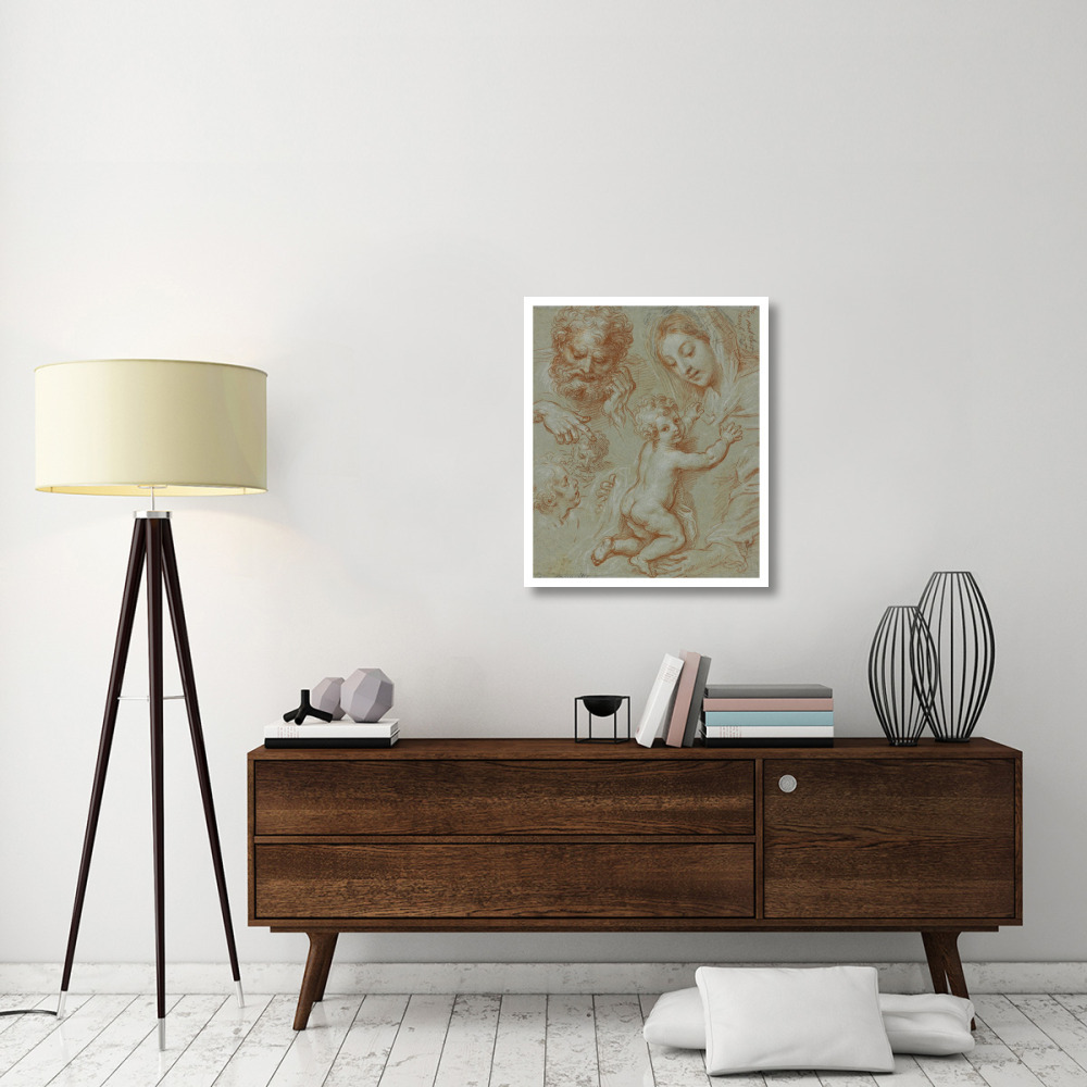Studies of the Madonna and Child and of Heads (recto) Madonna and Child with Saint John Seated in a Landscape (verso)-Paper Art-27&quotx32"