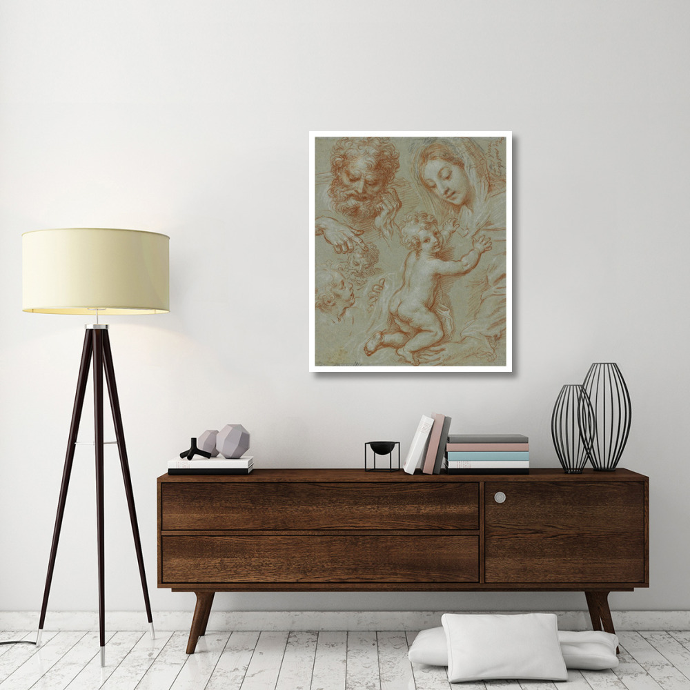 Studies of the Madonna and Child and of Heads (recto) Madonna and Child with Saint John Seated in a Landscape (verso)-Paper Art-35&quotx42"