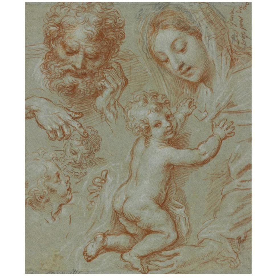 Studies of the Madonna and Child and of Heads (recto) Madonna and Child with Saint John Seated in a Landscape (verso)-Paper Art-39&quotx46"