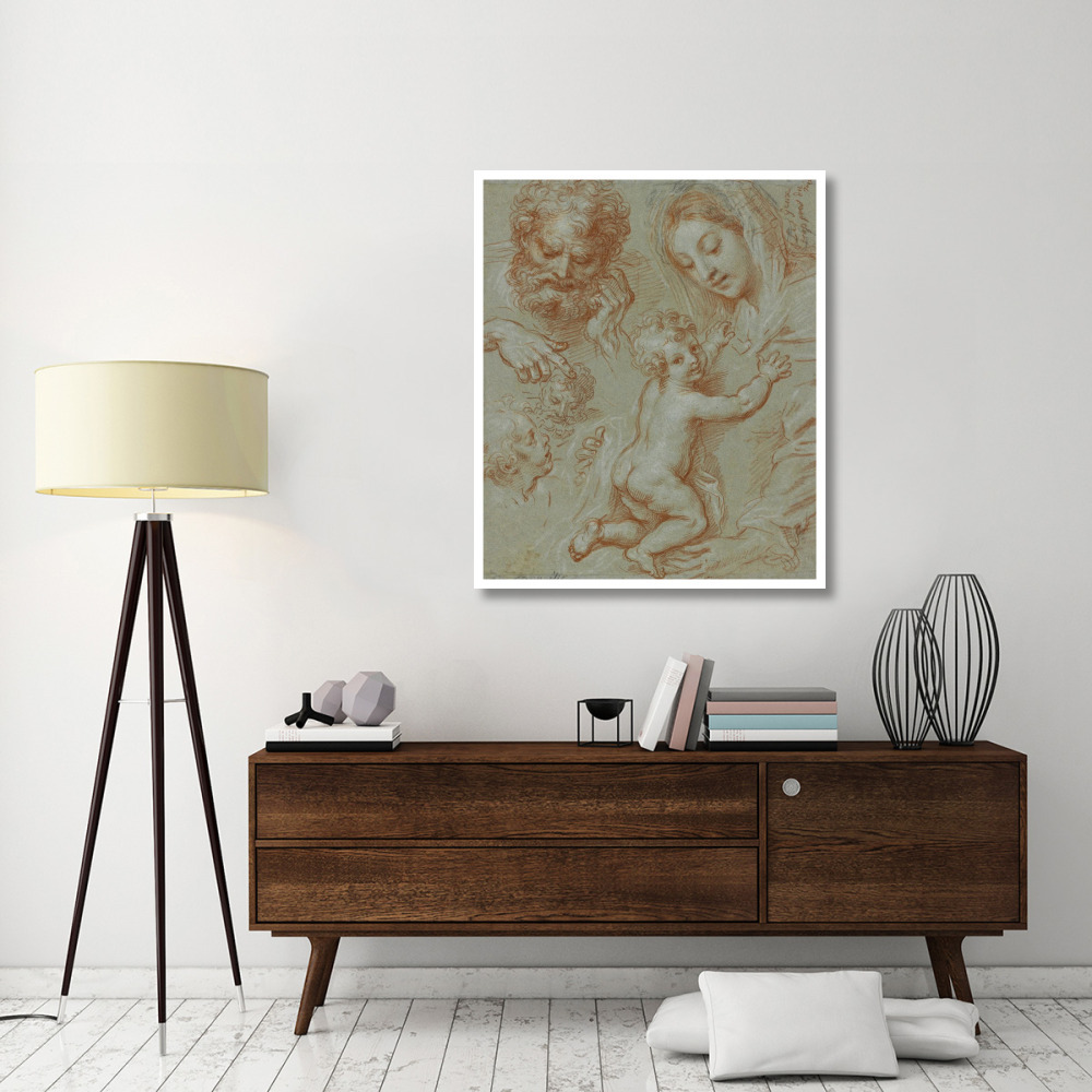 Studies of the Madonna and Child and of Heads (recto) Madonna and Child with Saint John Seated in a Landscape (verso)-Paper Art-39&quotx46"
