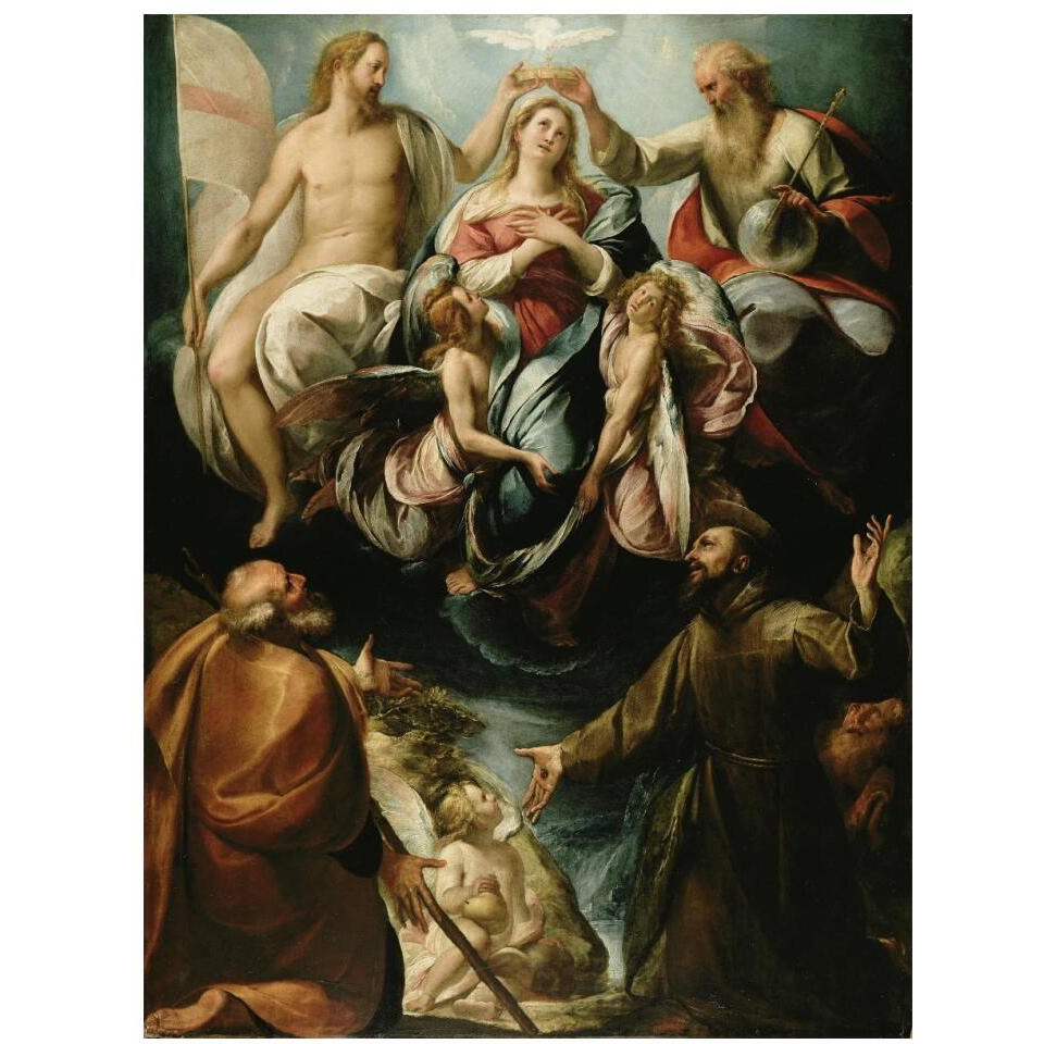 Coronation of the Virgin with Saints Joseph and Francis of Assisi-Paper Art-14&quotx18"