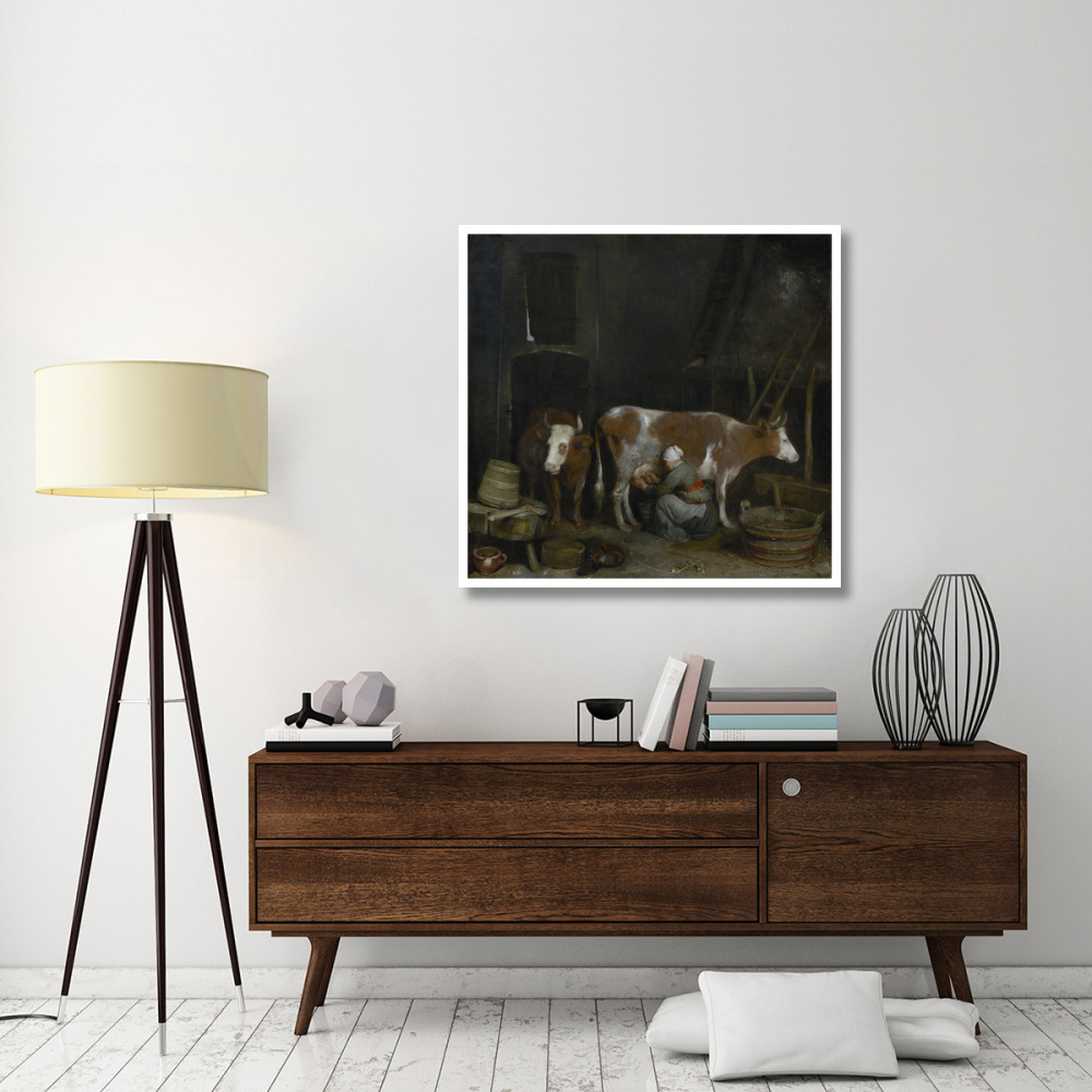 A Maid Milking a Cow in a Barn-Paper Art-42&quotx40"