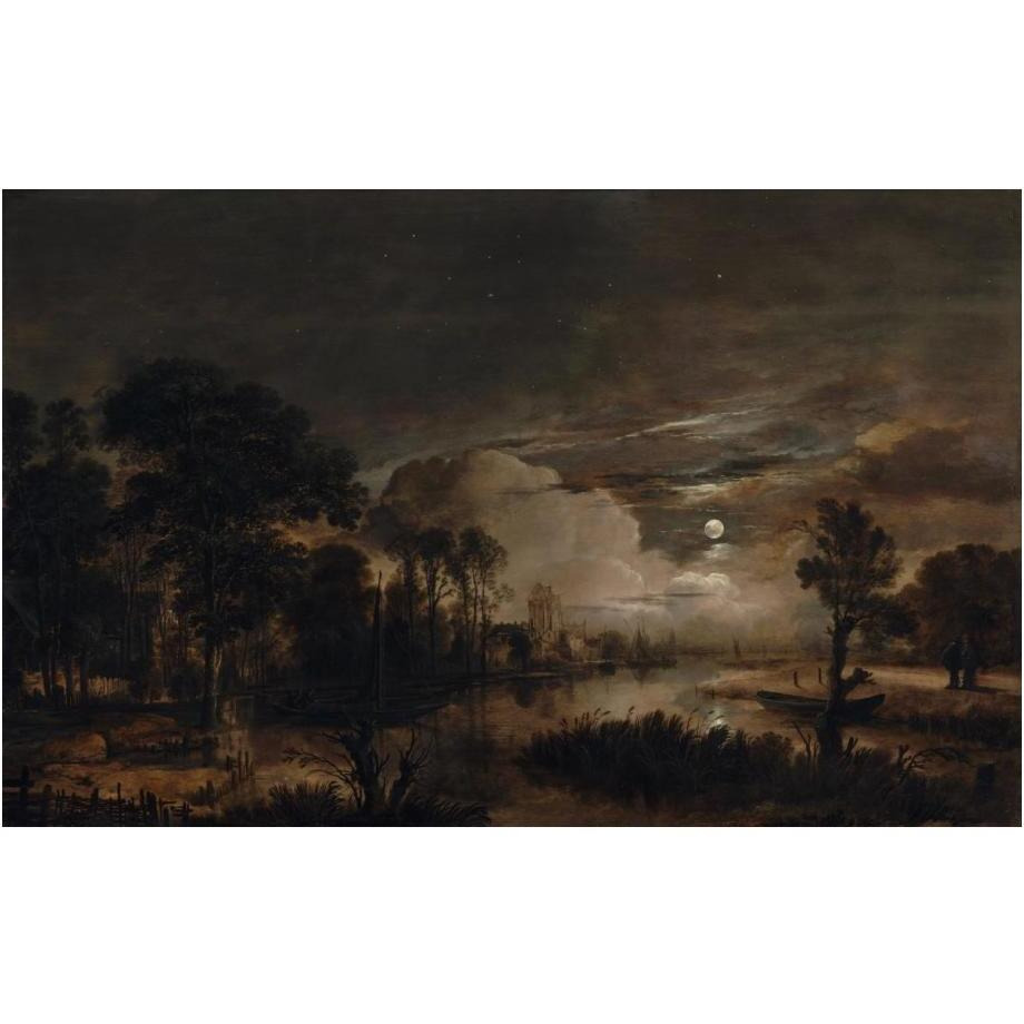 Moonlit Landscape with a View of the New Amstel River and Castle Kostverloren-Paper Art-24&quotx16"