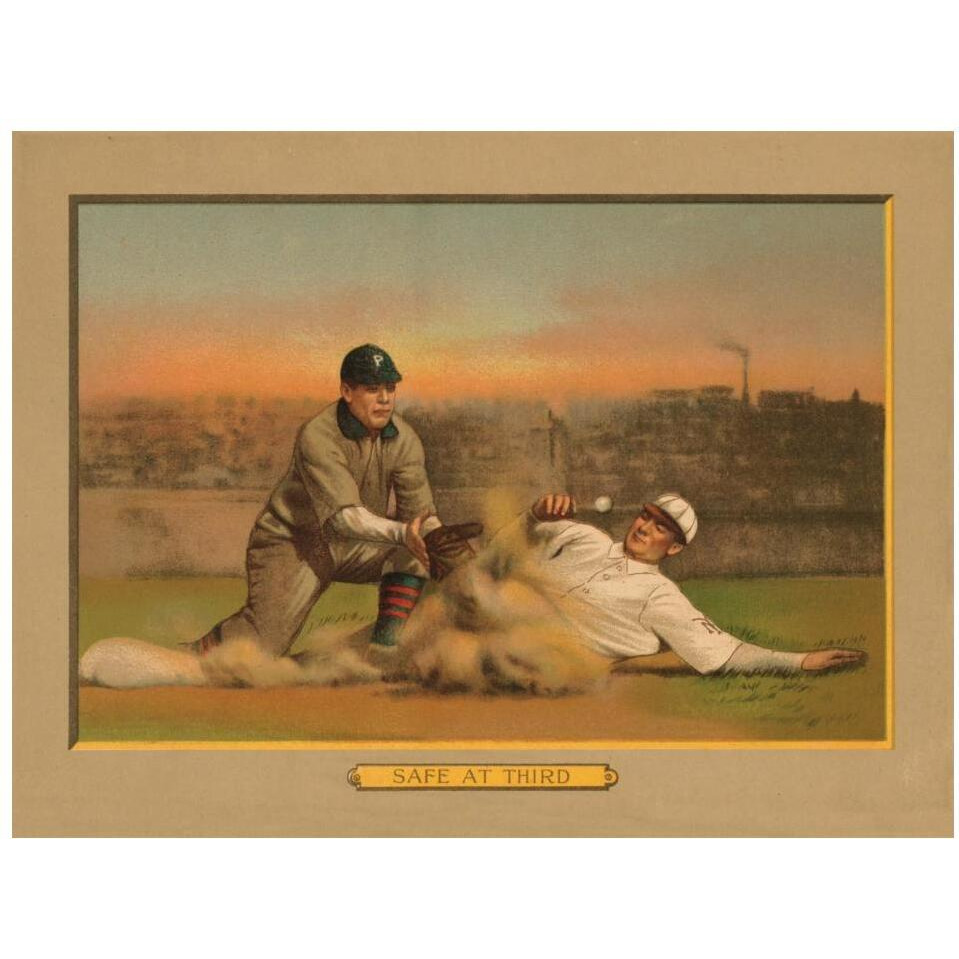 Safe at Third, Baseball Card-Paper Art-18&quotx14"