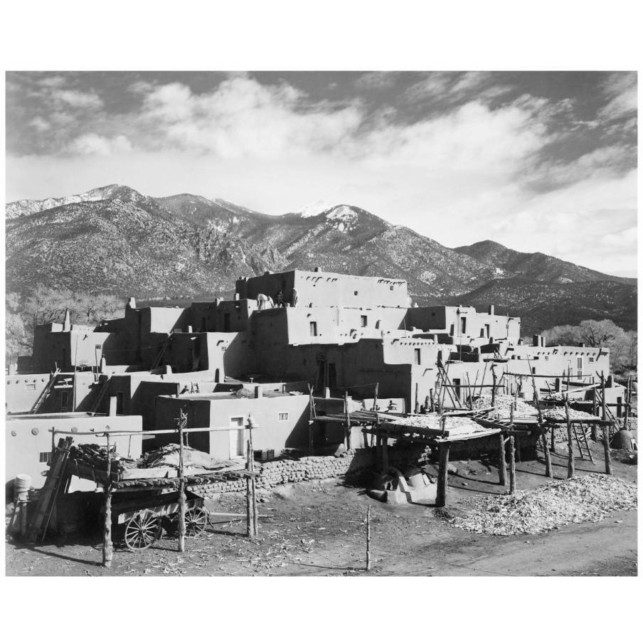 Full view of city, mountains in background, Taos Pueblo National Historic Landmark, New Mexico, 1941-Paper Art-18&quotx15"