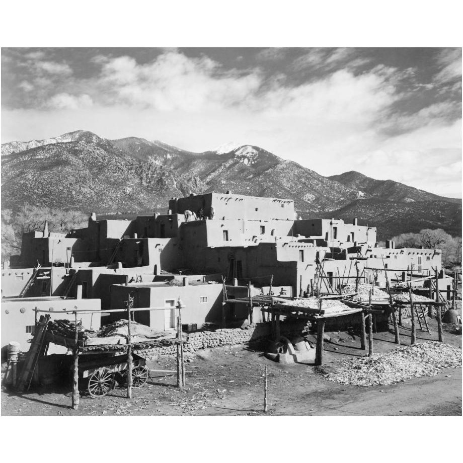 Full view of city, mountains in background, Taos Pueblo National Historic Landmark, New Mexico, 1941-Paper Art-24&quotx20"