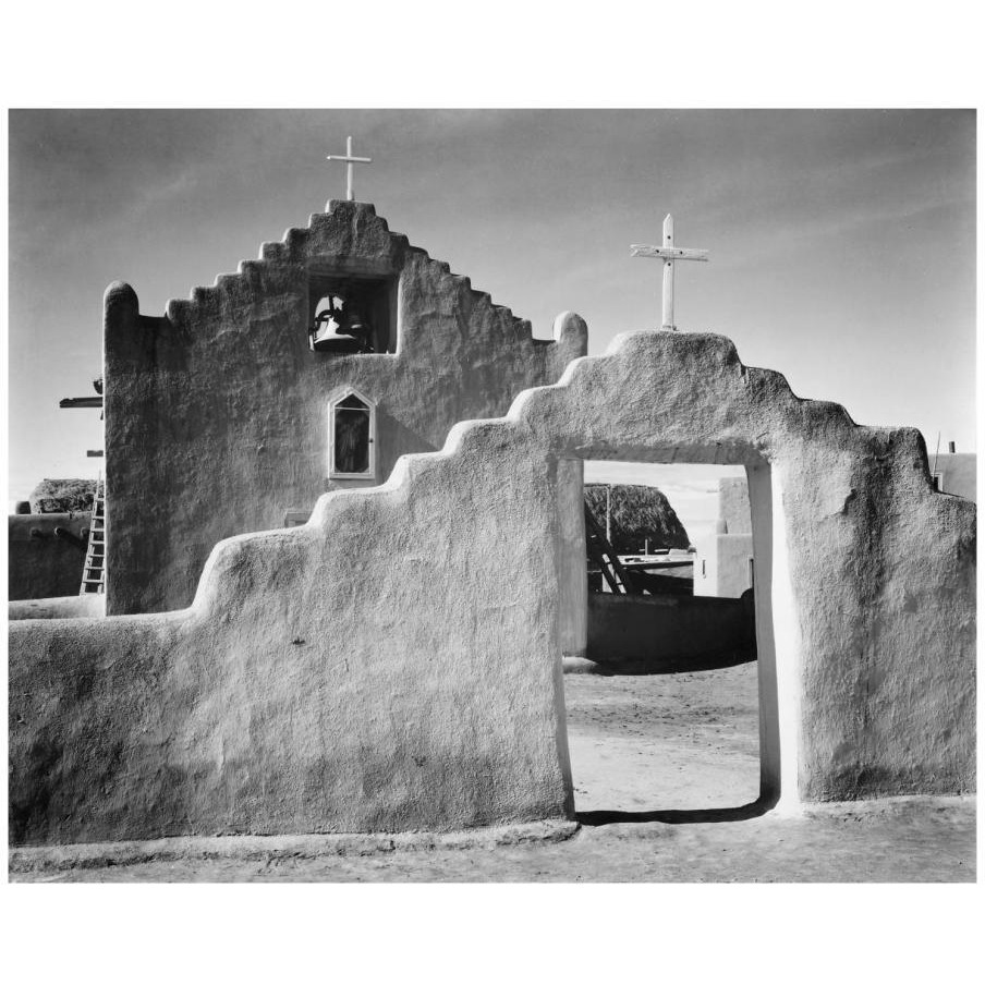 Full side view of entrance with gate to the right, Church, Taos Pueblo National Historic Landmark, New Mexico, 1941-Paper Art-18&quotx15"