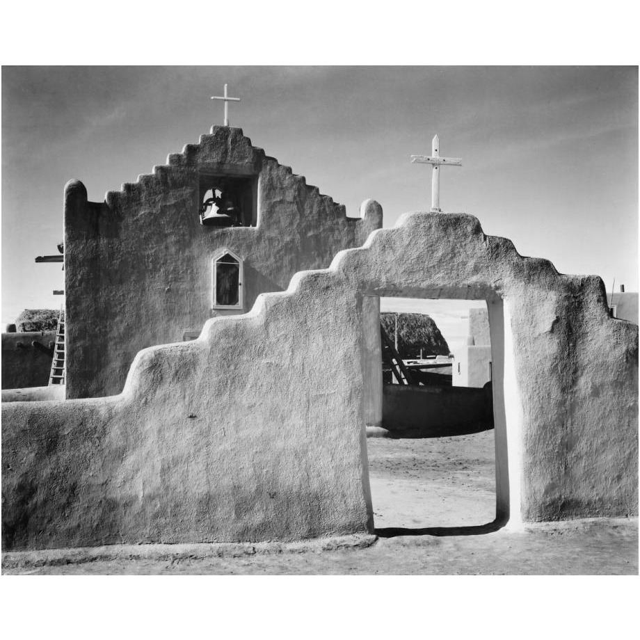 Full side view of entrance with gate to the right, Church, Taos Pueblo National Historic Landmark, New Mexico, 1941-Paper Art-24&quotx20"